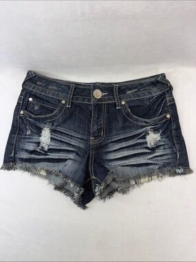 Almost Famous Premier Denim Distressed Frayed Hem Women’s Shorts Dark Blue